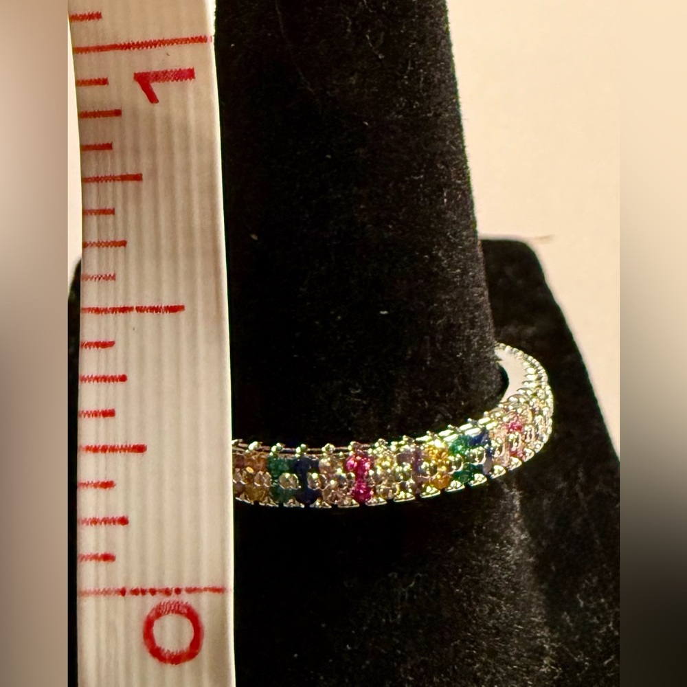 Ring - size 7.75 -New - dainty multi-color rhinestones silver tone band. - Picture 8 of 9